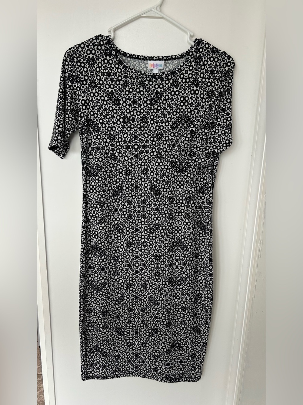 LuLaRoe Julia Dress Size S Black & White Geometric Aztec Floral Print Midi